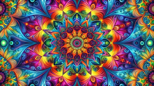 Vibrant, abstract composition featuring intricate geometric shapes, swirling patterns, and intersecting lines in a