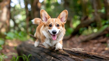 Playful Corgi Leaping Over A Log In A Forest