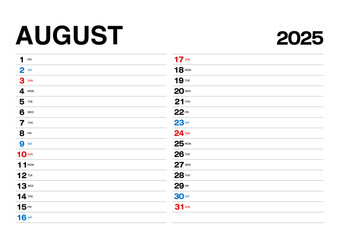 スケジュールが書き込める2025年8月のカレンダー