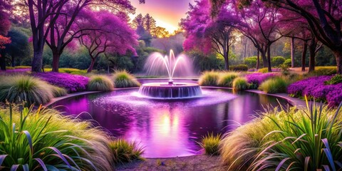 Enchanted oasis with lush purple grass, ethereal fountain, serene mood, vibrant colors, and water feature