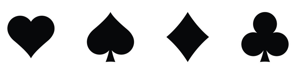 Fototapeta premium Suit deck of playing cards symbol icon. Hearts diamonds clubs spades sign chips. Black silhouette. Poker game. Vector illustration
