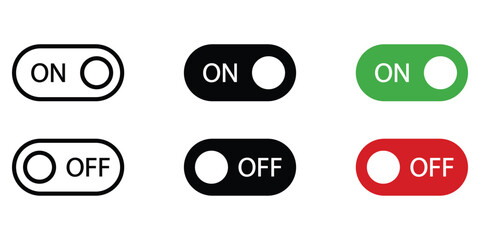 On off switch buttons icon set. Power toggle vector buttons for web and app UI designs. Slider or toggle. Black, white, green, red