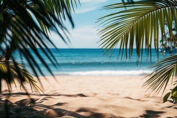 Naklejka premium beach sand with palm branches on the background of the sea , ai