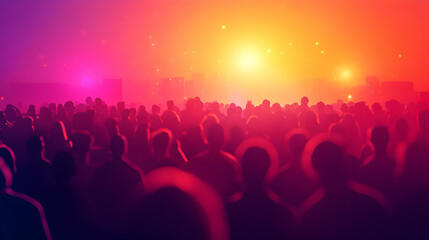 Silhouettes of Crowd at Concert with Red and Orange Lighting
