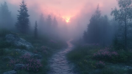 Misty Forest Path at Sunrise with Pink Flowers