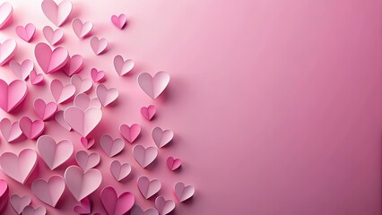 Fototapeta premium Romantic background with pink paper hearts of various sizes arranged in a cascade on a soft pink backdrop