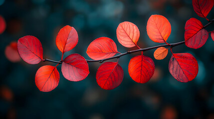 Red Autumn Leaves Branch Closeup