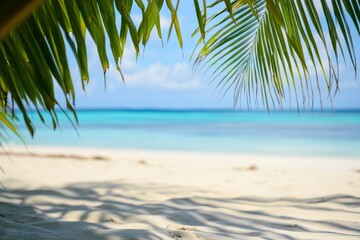 Fototapeta premium beach sand with palm branches on the background of the sea , ai