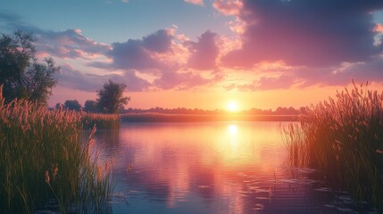 Fototapeta premium Golden Sunset Over Still Lake with Reeds