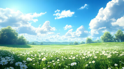 Fototapeta premium Sunny Meadow with White Daisies and Blue Sky
