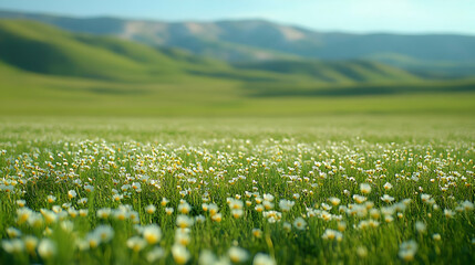 Green Meadow With White Flowers And Distant Hills