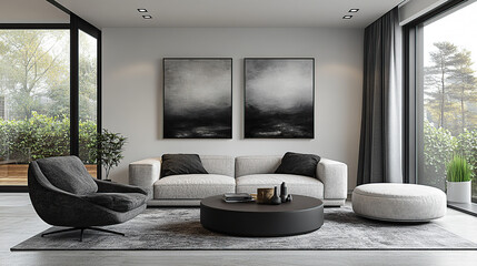 A modern living room with a white sofa, two black armchairs, a coffee table, and a rug, with large windows and two abstract paintings on the wall.