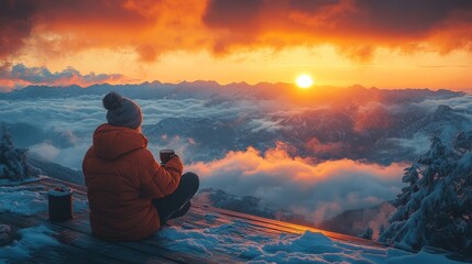 Obraz premium Woman enjoying sunset view from mountain peak with hot drink