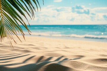beach sand with palm branches on the background of the sea , ai