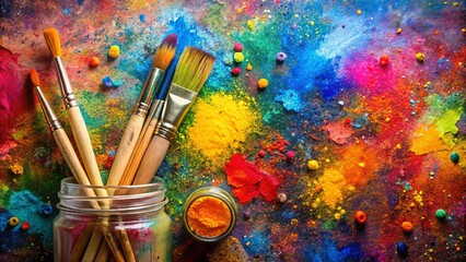 Fototapeta premium A vibrant artistic palette splattered with paint, adorned with a jar of paintbrushes perfect for representing creativity, passion, and expression