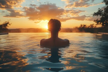 Fototapeta premium Woman in Infinity Pool at Sunset