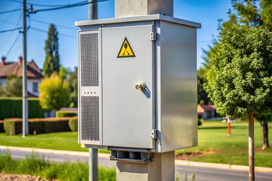 A silver electrical transformer box with ventilation grids and warning labels, mounted on a concrete pole in a suburban neighborhood, on a sunny day.