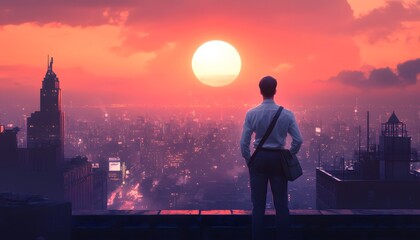 Man on Rooftop Overlooking City Skyline at Sunset
