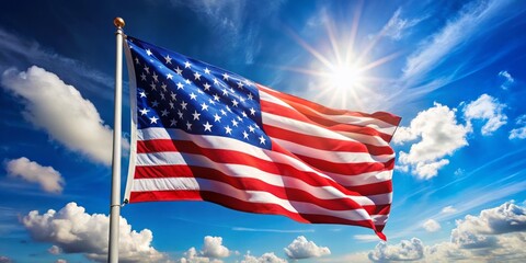 Fototapeta premium Vibrant American flag waving freely in the breeze on a sunny day, symbolizing freedom, patriotism, and celebration,