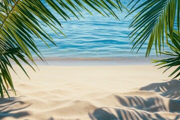 Obraz premium beach sand with palm branches on the background of the sea , ai