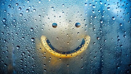 Joyful smiley face made of raindrops on glass, symbolizing happiness and positivity