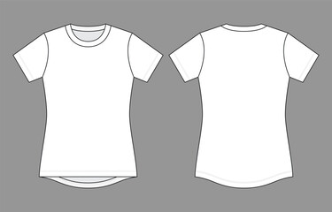 Women's Blank White Short Sleeve T-Shirt with Curve Hem Long in Back, Short in Front Template on Gray Background, Vector File.