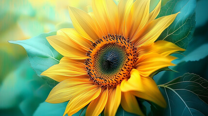 Fototapeta premium An abstract image of a sunflower with leaves 