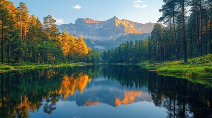 Obraz premium Mountain Lake Reflection in Autumn Forest