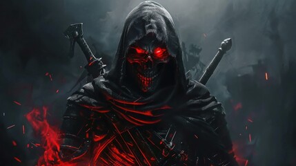 A black hooded skull with red glowing eyes and a sword on its back. AI generated images