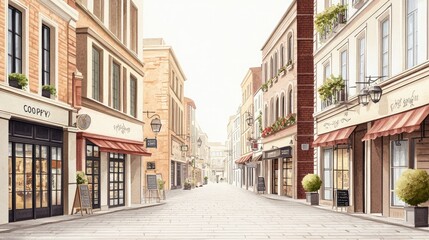 Fototapeta premium Charming street lined with cafes and boutique shops, showcasing elegant architecture and inviting outdoor seating.