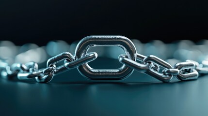 Obraz premium Close-up of a shiny metal chain link, symbolizing strength and connection with a dark blurred background.