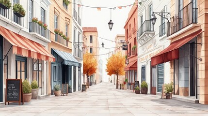 Charming street scene with colorful buildings, vibrant trees, and festive decor, inviting exploration and leisurely strolls.