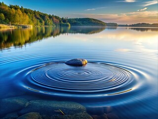 A solitary ripple disturbs the mirror-like surface of a serene lake, as a small, flat stone skips across the water, leaving a trail of concentric circles.