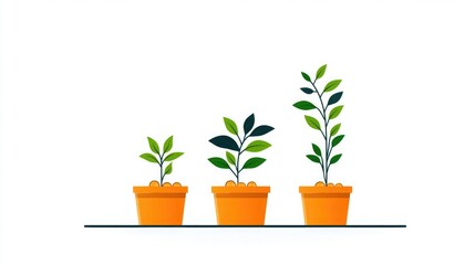 Obraz premium Illustration of three potted plants showcasing growth stages in vibrant orange pots, perfect for gardening themes and nature concepts.