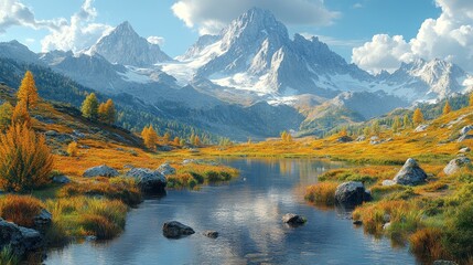 Obraz premium Mountain Lake with Snow capped Peaks and Autumn Foliage