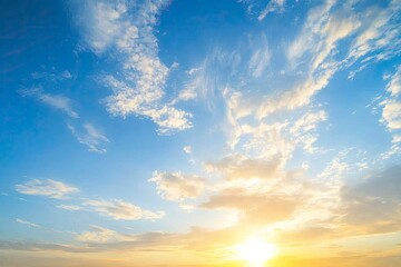 Obraz premium Beautiful view of blue sky with clouds at sunrise. Partly cloudy.Background cloud summer. Cloud summer. Sky cloud clear with sunset. Natural sky cinematic beautiful yellow and white texture , ai