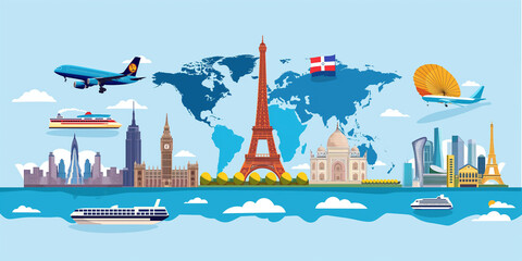 Naklejka premium World Tourism Day celebration with iconic landmarks and transport symbols, capturing the spirit of global travel.