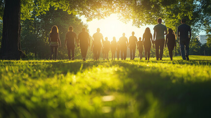 Silhouettes of People Walking in a Park at Sunset