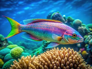 Fototapeta premium A vibrant, elongated fish with iridescent scales and flowing fins swims horizontally in the clear, turquoise water of a coral reef, its body undulating gracefully.