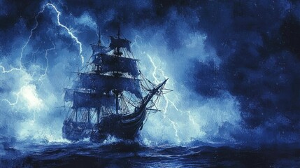 Ethereal Pirate Ghost Ship Braving a Cursed Storm - Watercolor Artwork Depicting Haunted Vessel and Crew in Lightning