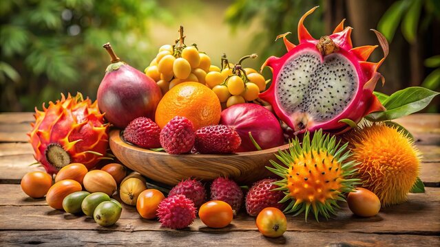 Vibrant arrangement of exotic fruits, including dragon fruit, rambutan, and physalis, scattered on a rustic wooden