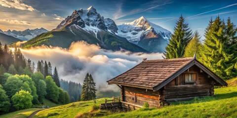 Fototapeta premium Serene alpine landscape with snow-capped mountain peak in background, rustic wooden roof, lush greenery, misty atmosphere