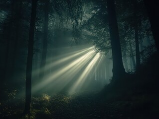 A mystical forest scene with dramatic light beams piercing through trees, creating an enchanting atmosphere of nature's beauty.