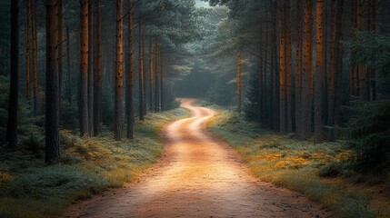 Fototapeta premium Mystical Forest Path With Sunlight and Fog