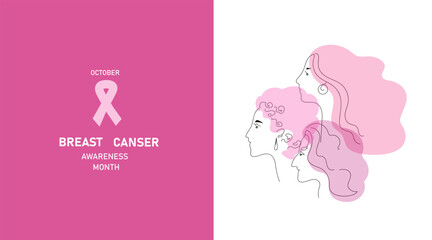 Breast Cancer Awareness Month banner. Vector line art hand drawn illustration. faces of women of different ages and pink ribbon.