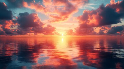 Fototapeta premium Dramatic Sunset Over Calm Ocean Water With Colorful Clouds