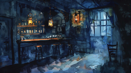 Dimly lit rustic tavern interior with an eerie, ghostly atmosphere