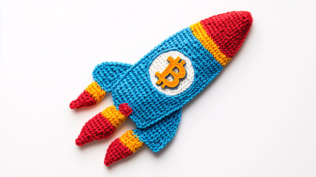 a crocheted  rocket with bitcoin logo