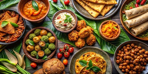 An assortment of vibrant Sri Lankan street food and short eats beautifully displayed vegetable roti, coconut roti, cutlets, mutton rolls