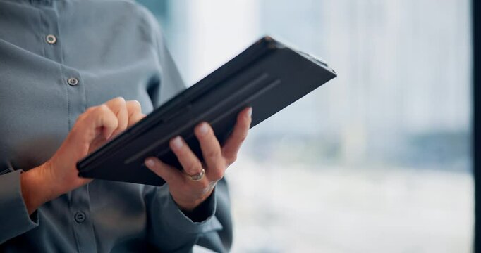 Business, mature woman and hands with tablet in office for schedule meeting, project tracking and client proposal. Account manager, closeup and tech for task management, financial overview and review